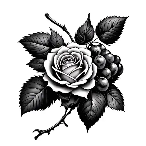 grapes roses intertwined tattoo design idea