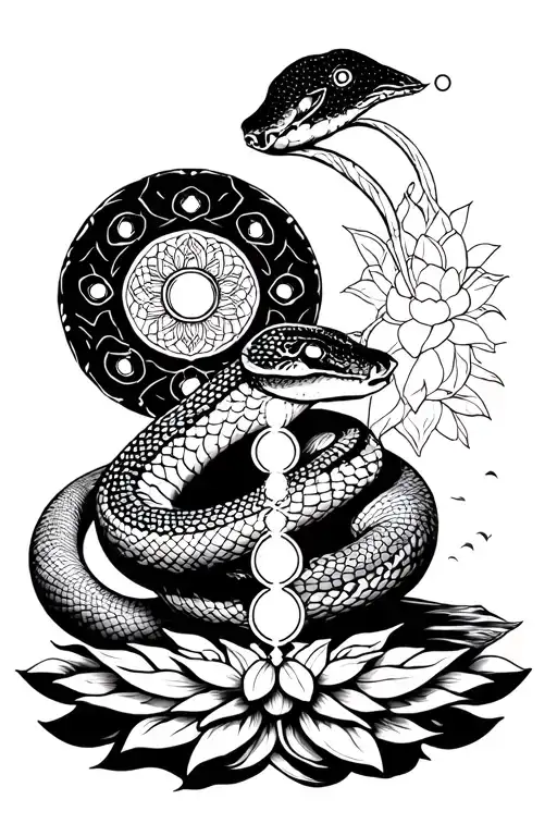 Kundalini awakening with snake and lotus no human 7 chakras tattoo design idea