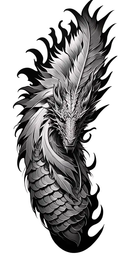 sleeve with feathers, dragon scales, fire tattoo design idea