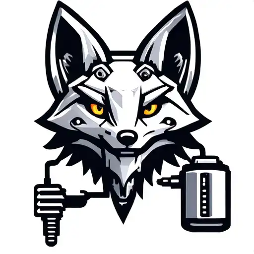 Mechanical fox head logo. Fox head is plugged into a battery. Low detail, simple design. tattoo design idea