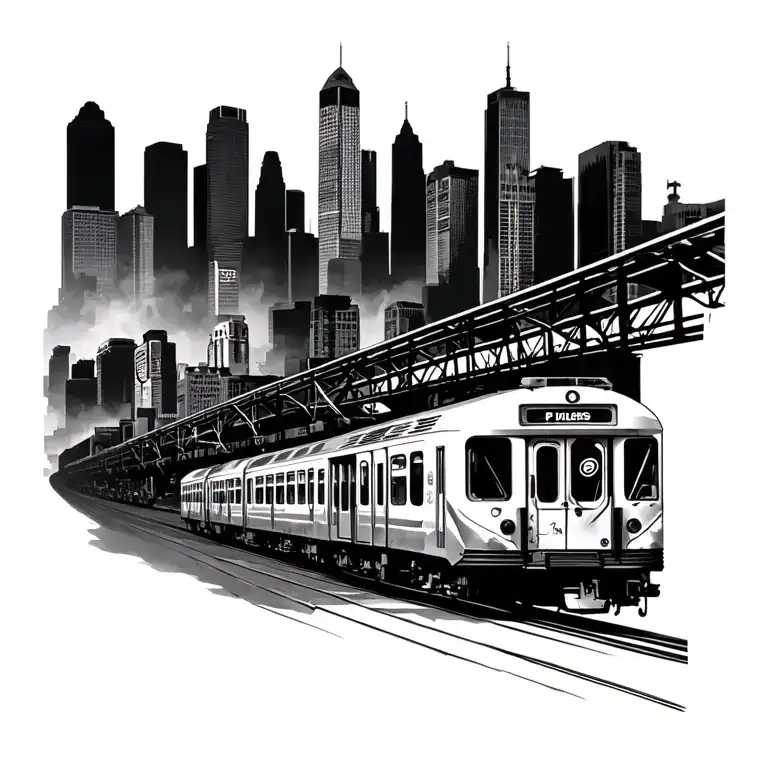philly skyline with the el train passing Through like air with eagles,phillies, flyers logo tattoo design idea