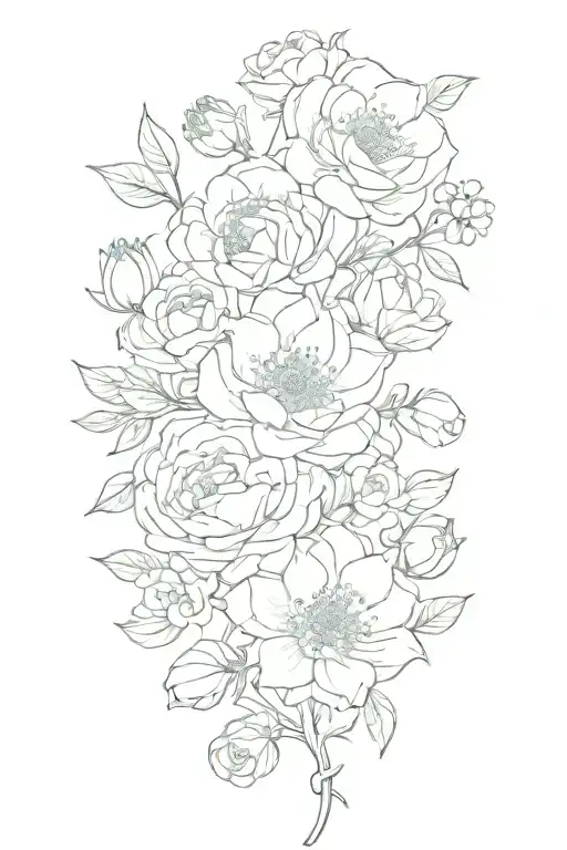 Continuous vine, wrapping, roses, daisies, lotuses, forget me nots, and peonies, simple tattoo design idea