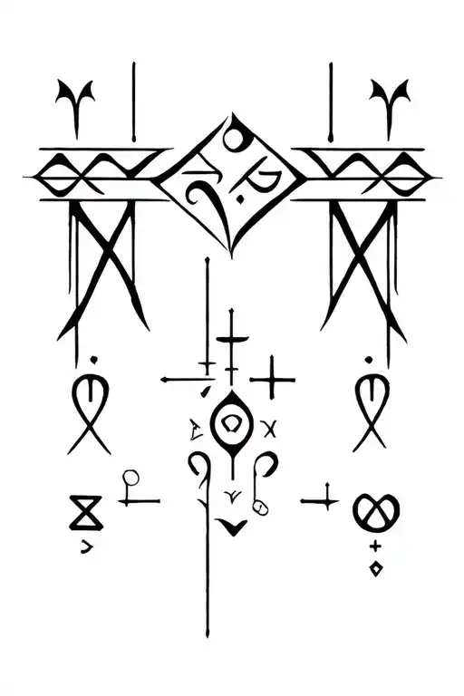 Scandinavian tattoo with ornamentation and Futhark runes symbolizing protection, health tattoo design idea