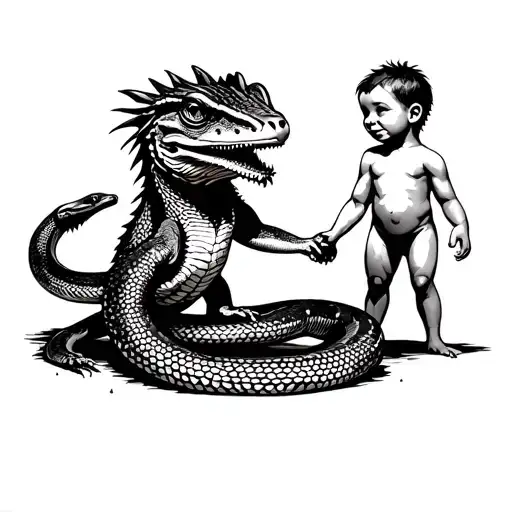 bearded dragon with snake around 2 baby brothers holding hands tattoo design idea