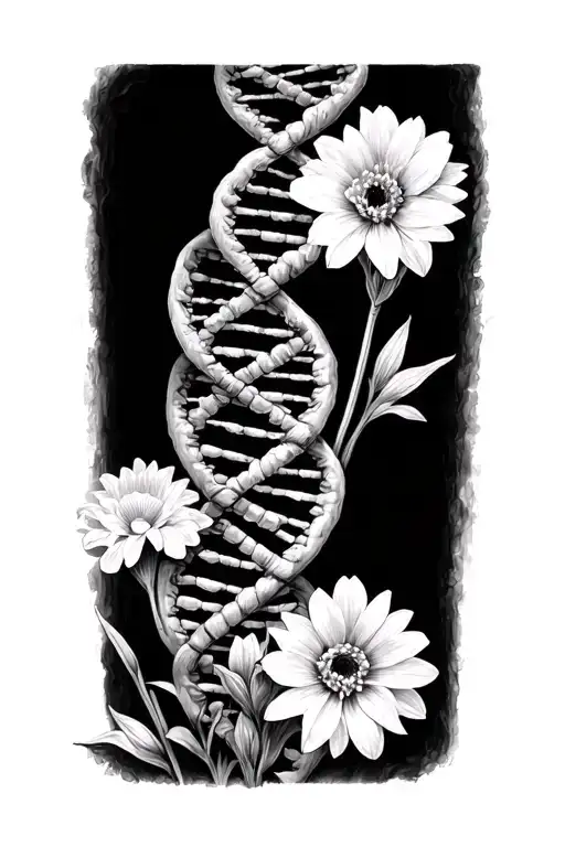 Strand of DNA with 2 sets of Gladiolus and one set of Chrysanthemums with the stems intertwined in the dna  tattoo design idea