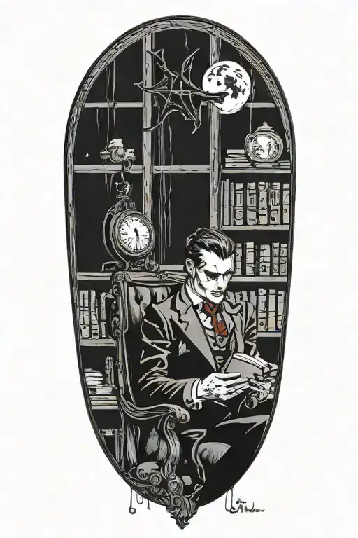 A vampire sitting in an office library. Full moon outside window. Bats  tattoo design idea