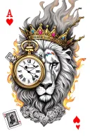 Lion with a crown, and joker playing card on fire, with a Roman pocket watch tattoo design idea