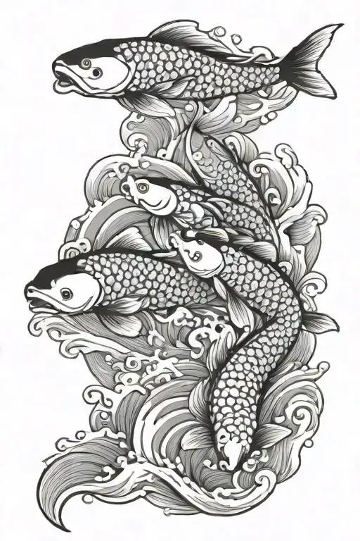 herd of koi carp rising upwards among waves in classic Japanese style, tattoo design idea