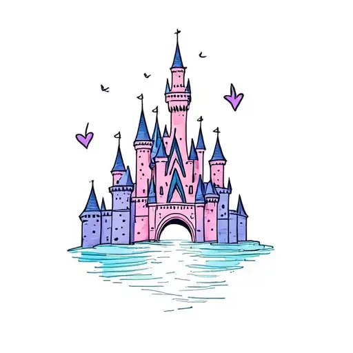 dainty disney castle tattoo with a little bit of color like purples pinks and blues pastel tattoo design idea