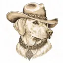 older golden female Labrador with a cowgirl hat on and collar and western theme tattoo design idea