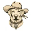 older golden female Labrador with a cowgirl hat on and collar and western theme tattoo design idea