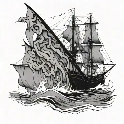 Sails hyperreal tattering engulfed by flame semi real hull semihyper real minimalist detail water choppy,   tattoo design idea
