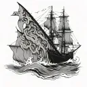 Sails hyperreal tattering engulfed by flame semi real hull semihyper real minimalist detail water choppy,   tattoo design idea