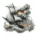 Sails hyperreal tattering engulfed by flame semi real hull semihyper real minimalist detail water choppy,   tattoo design idea