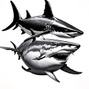 top view of 2 Sharks swimming side by side together. A Hammerhead Shark on top, and a Tiger Shark on bottom tattoo design idea