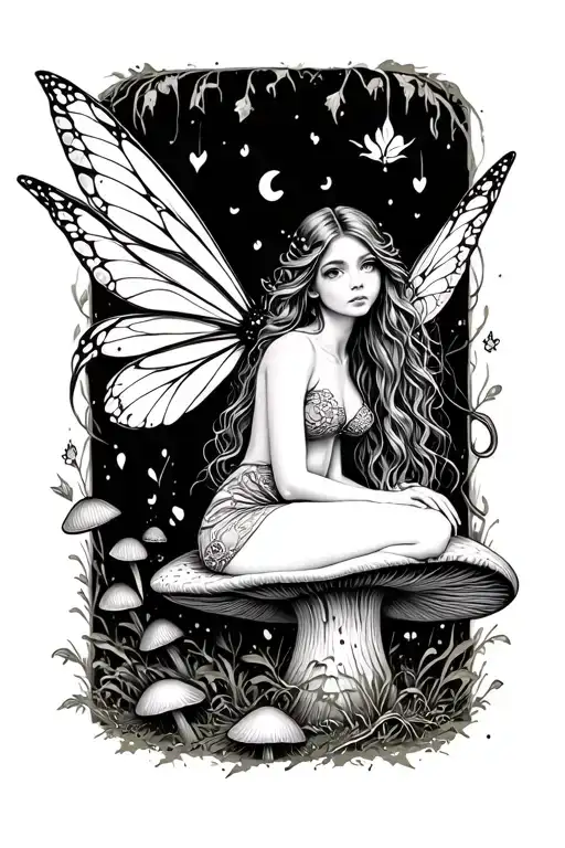 fairy sitting on mushroom tattoo design idea