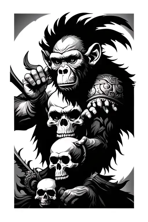 evil monkey king with skulls battling tattoo design idea