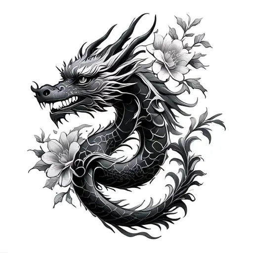 Pixiu dragon with waves and flowers intertwined tattoo design idea