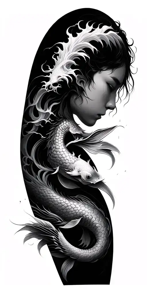 i want a full sleeve black and grey ink japanese style tattoo with waves, a koi and a dragon at the bottom of my arm tattoo design idea