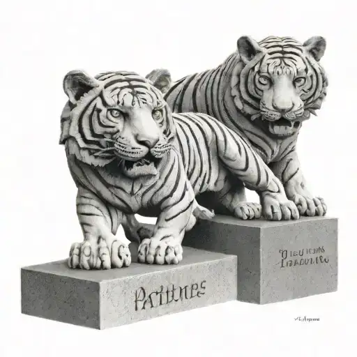 Two granite tiger statues with the names "Patience" and "Fortitude" engraved on their plaques tattoo design idea