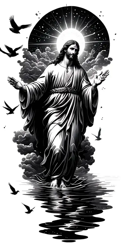 heaven Jesus walking on water clouds doves flying and lights tattoo design idea