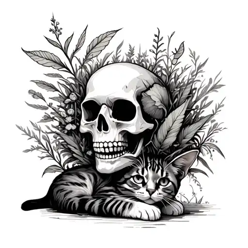 skull with plants growing out of it with cat laying down  tattoo design idea
