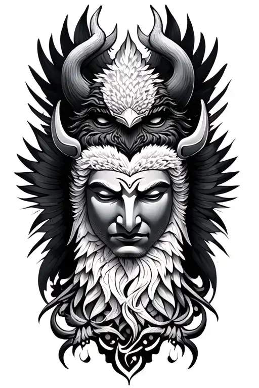 devil,eagle,buddha and dot work with tribal tattoo design idea