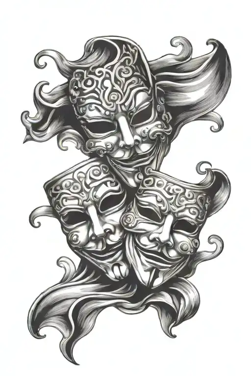 theater masks comedy in front of tragedy mask merged tattoo design idea