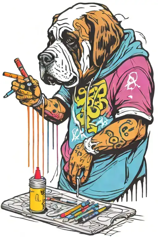standing graffiti artist creating a masterpiece. replace human head for st Bernard head. holding a marker pen tattoo design idea