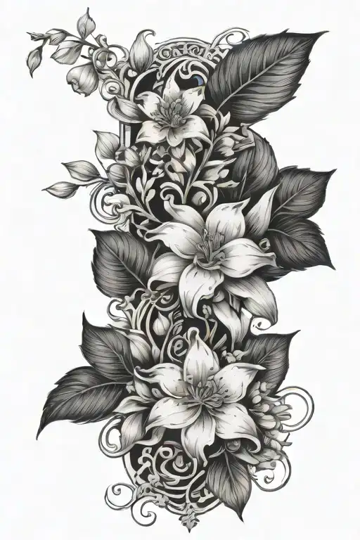 spine tattoo with a vine and the following flowers on it , wallflower , baby's breathe , Gardenia , jasmine and the Erig tattoo design idea