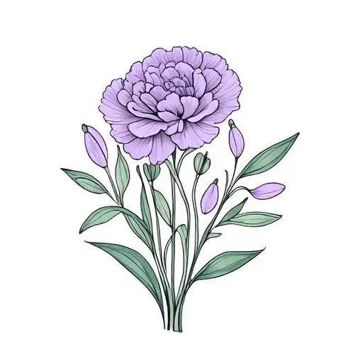 Carnation, violet, snowdrops, and primrose simple bouquet outline tattoo design idea