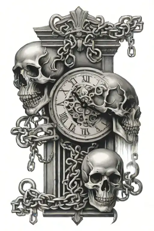 2 skulls, prison door, chains on clock tattoo design idea
