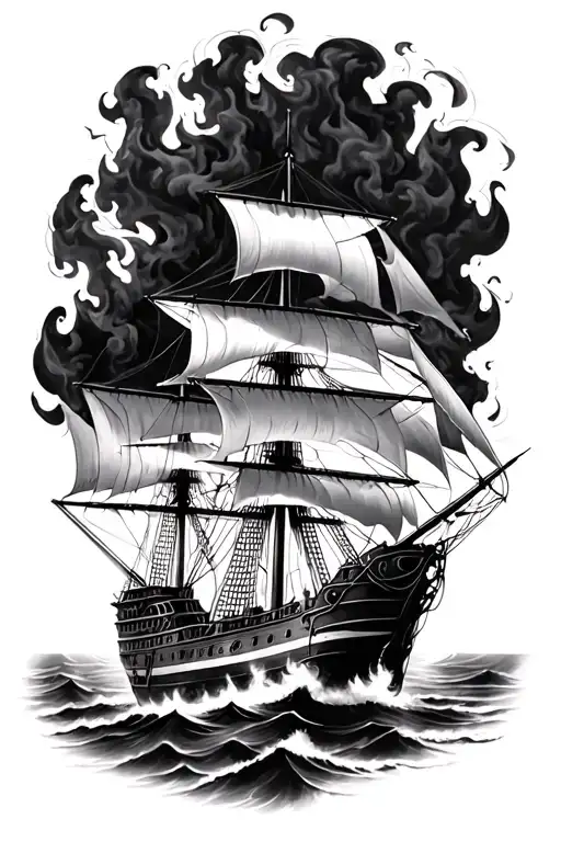 Spanish galleon on fire black and white tattoo design idea