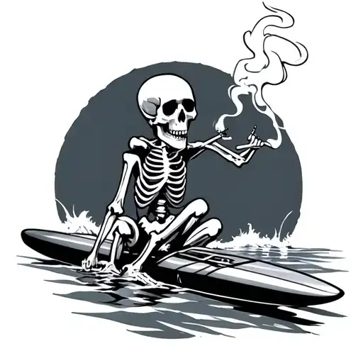 skeleton smoking a cigarette on a surfboard tattoo design idea