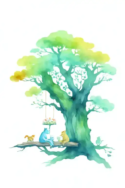 magical tree. underneath are forest animals having a tea party using a tree trunk as a table tattoo design idea