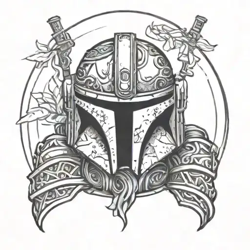 A Mandalorian helmet adorned with Muay Thai hand wraps, blending the worlds of combat sports and intergalactic bounty hunting tattoo design idea