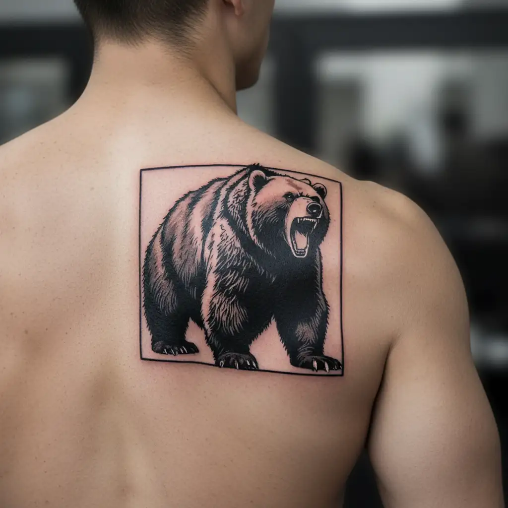 The main thing is to make an angry grizzly bear, roaring, after having had a territorial encounter, in which you see tattoo design idea