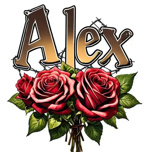 "Alex" "Alex" "Alex" roses in a bouquet around the name with barbed wire wrapping around the roses  tattoo design idea