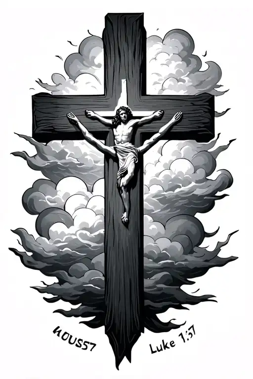 three nail cross with Luke 1:37 bible verse with clouds  tattoo design idea