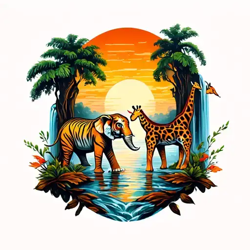 safari theme, tiger giraffe elephant, orange sunset, waterfall in background. tattoo design idea