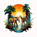 safari theme, tiger giraffe elephant, orange sunset, waterfall in background. tattoo design idea