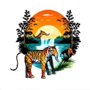 safari theme, tiger giraffe elephant, orange sunset, waterfall in background. tattoo design idea