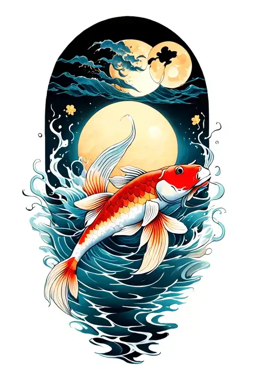 koi fish swimming alongside Sun and Moon tattoo design idea