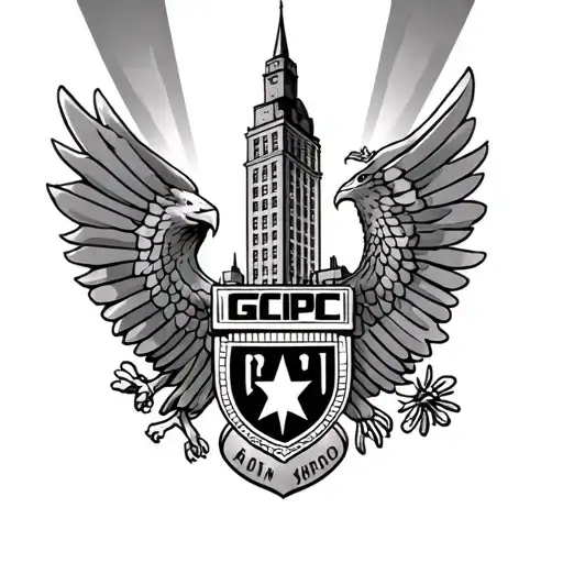 Building GCPD with the symbol of the eagle accompanied by the tower of Gotham City as well as a light beam lit tattoo design idea