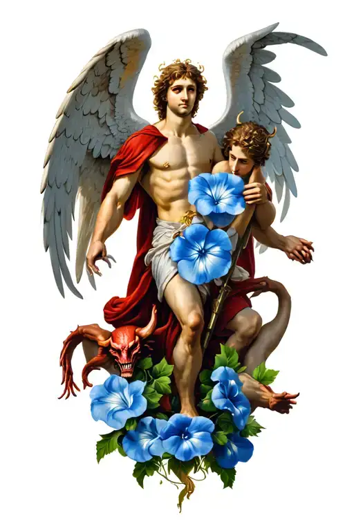 St Michael & angels fighting devil and demons morning glory tattoo design idea