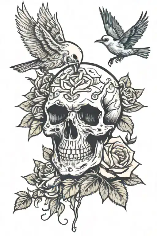 skull, roses bird 2 kids tattoo design idea