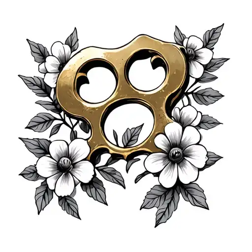 brass knuckles with flowers under tattoo design idea
