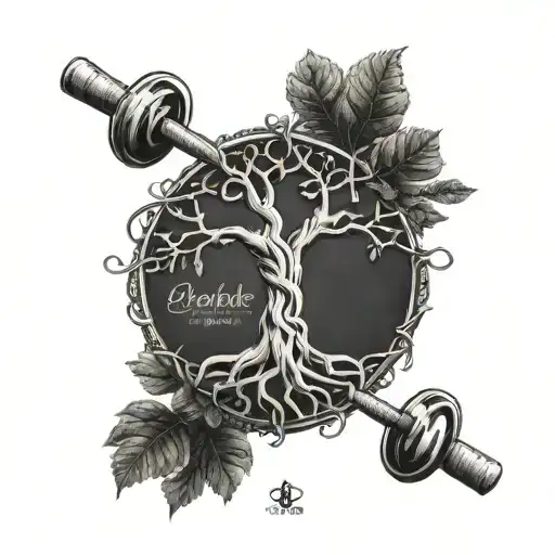 An intricate tree of life design intertwined with barbells, symbolizing growth and strength through fitness tattoo design idea