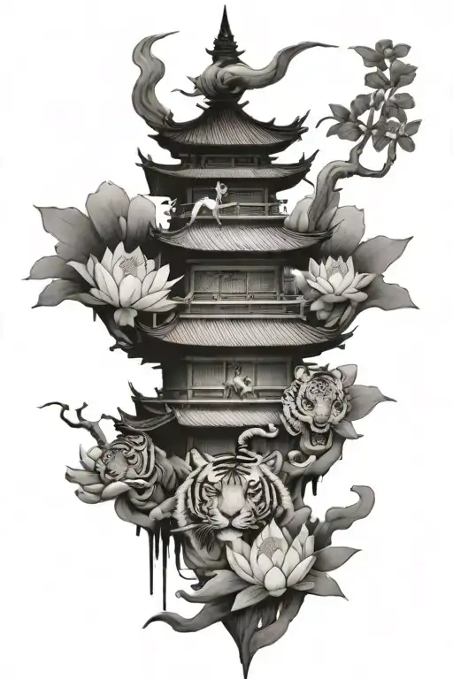 Japanese figures such as pagoda, samurai, tiger, lotus flower tattoo design idea