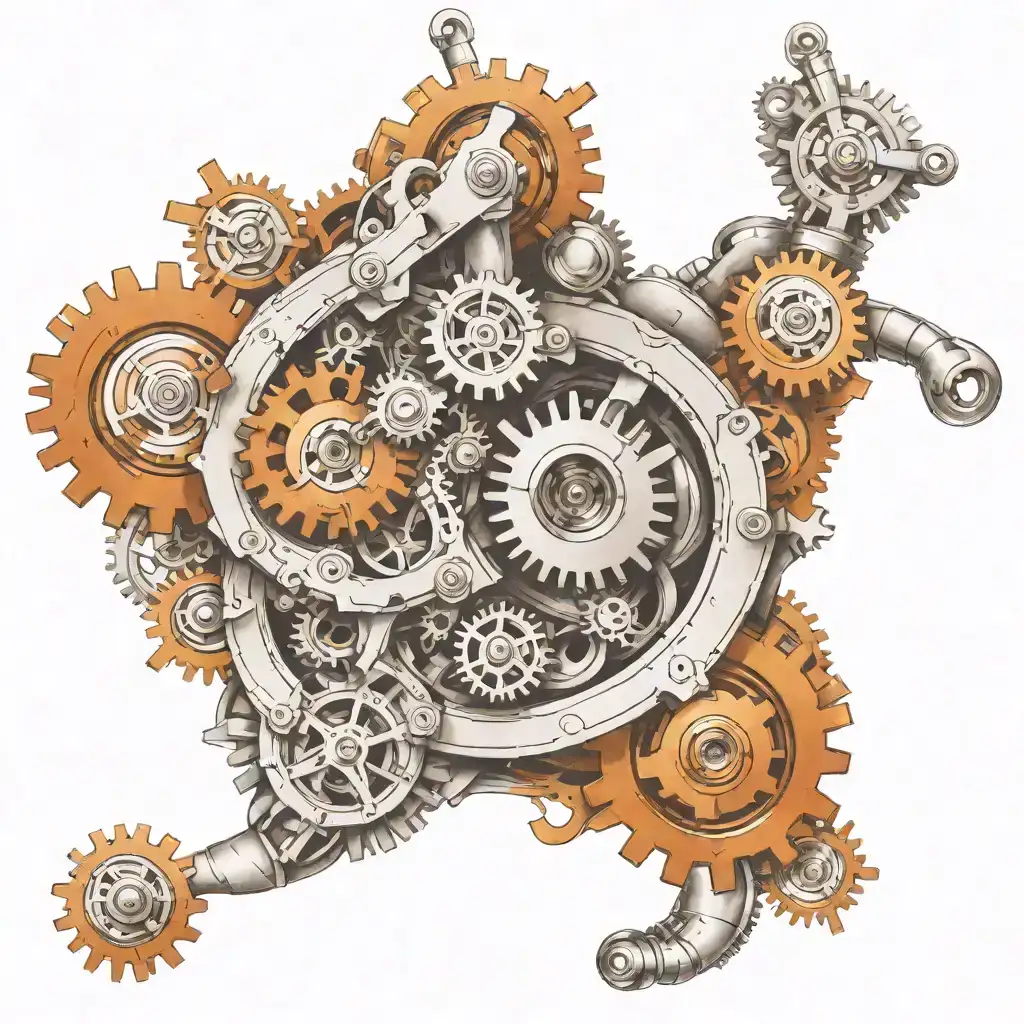 A biomechanical tattoo on the shoulder, featuring large exposed gears and mechanical parts integrated with the body. The design has a realistic 3D effect, with metallic machinery blending smoothly with the surrounding skin, creating a fusion between human anatomy and robotics. tattoo design idea